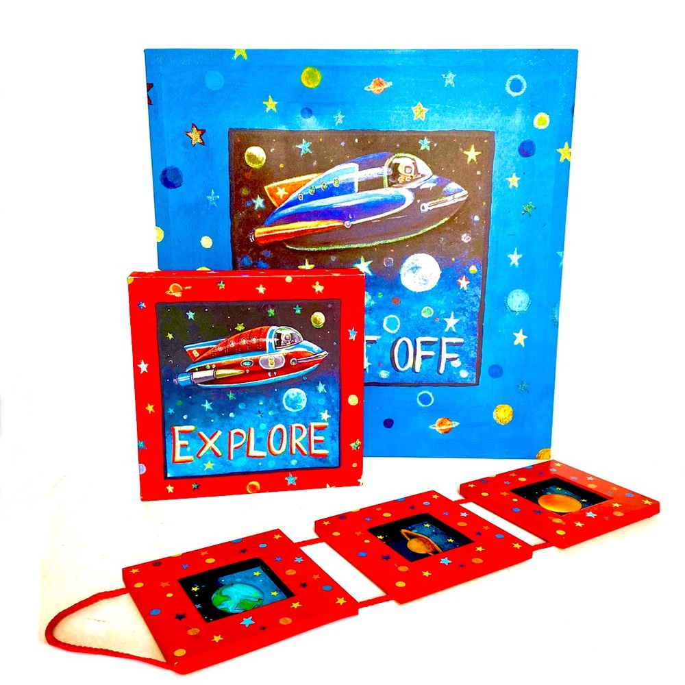 3 PICTURES Space Paintings with Rockets and Planets